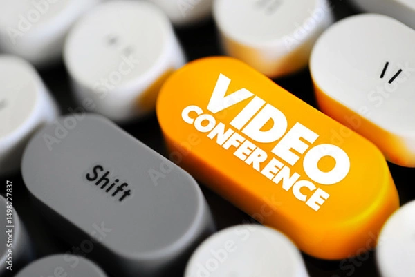 Fototapeta Video Conference - is a live, visual connection between two or more people in different locations using video-enabled devices, text button on keyboard