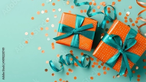Obraz Bold orange and teal boxes with scattered confetti pop over mint green, creating vibrant contrast and space for modern party design elements.
