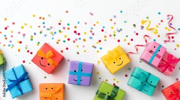 Obraz Brightly wrapped gifts with rainbow streamers and confetti set on a clean white background with room left for greeting card text or design elements