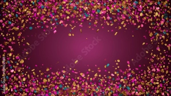 Obraz Vibrant circles and rectangles of confetti scatter across a maroon background, with a central gap perfect for birthday messages