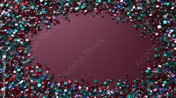 Obraz Confetti in vibrant jewel tones emerald, sapphire, ruby gently resting on a dark plum canvas with an untouched area in the middle for holiday or luxury-themed message