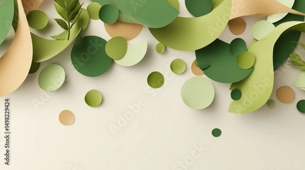 Obraz Organic kraft and green confetti layout on white background, designed for eco-conscious event branding or green-themed invitations