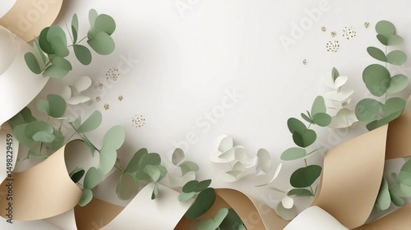 Obraz Natural eco-paper confetti in earthy greens and browns curves gently over soft white background, perfect for sustainable party designs