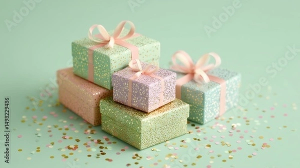 Obraz Pastel gift boxes stacked neatly with swirling ribbons and sparkling confetti on a gentle sage green background, perfect for elegant event designs