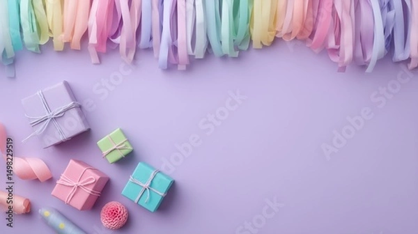 Obraz Decorative overhead scene with tiny presents and colorful garlands framing a soft lilac blank space for message or graphic placement