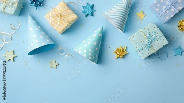 Obraz Light blue surface with festive accessories like hats and ribbons arranged cleanly, allowing space in the middle for celebratory text