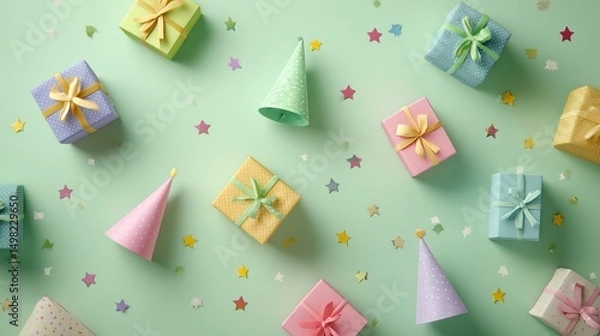 Obraz Colorful flat lay of party accessories including hats and mini boxes on pastel green canvas, with design-forward use of open space