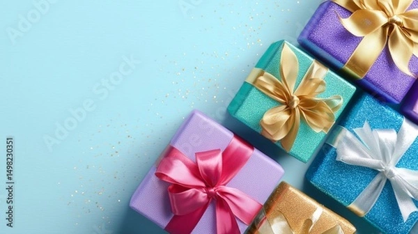 Obraz Vivid gift boxes and glossy ribbon swirls presented against pastel denim-blue surface with small glints for a bold celebratory tone