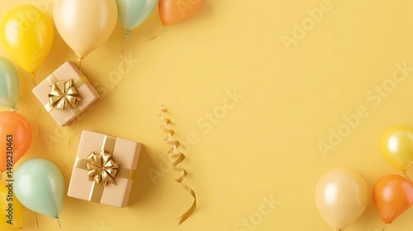 Obraz Elegant flat lay of party pieces such as curled ribbon and soft-tone gift boxes over yellow backdrop, with space ideal for celebratory text