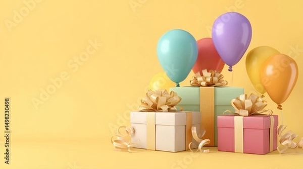 Obraz Yellow background filled with minimal yet festive items like balloons, ribbons, and presents arranged with clear central space for messages