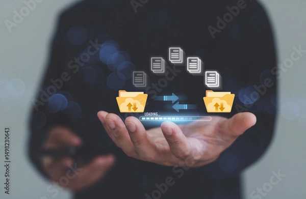 Obraz Transfer file business data backup management system with internet cloud computing storage AI technology concept. Person hands open waiting to download document process with loading on virtual screen.