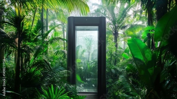 Obraz Luminous portal gleaming through lush rainforest vegetation, gentle rainfall cascading across translucent surface, revealing enigmatic technological landscape