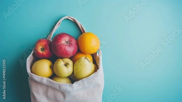 Fototapeta Fresh Apples and Oranges in a Cotton Bag