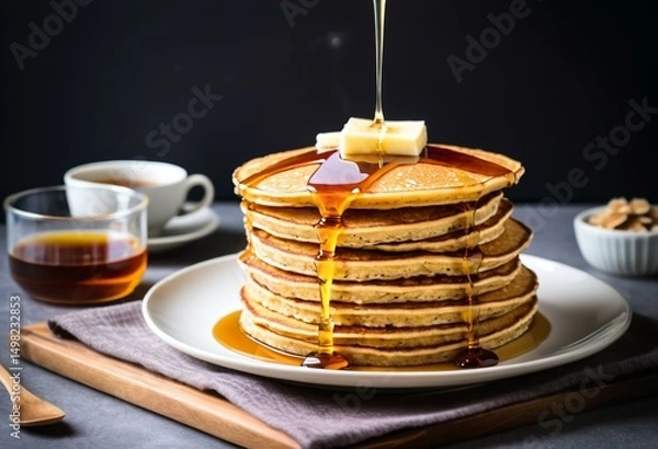 Fototapeta A stack of pancakes on a plate with syrup and butter.