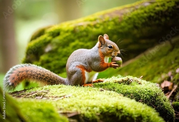 Fototapeta A squirrel sitting on a moss covered rock eating an acorn.