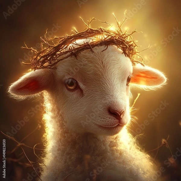 Obraz A cute lamb wearing a crown of thorns, symbolizing Jesus Christ in a tender and meaningful representation of sacrifice and purity.

