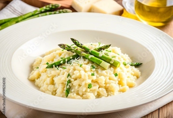 Obraz A plate of risotto with asparagus on a table.