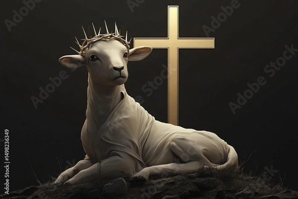 Obraz A cute lamb wearing a crown of thorns, symbolizing Jesus Christ in a tender and meaningful representation of sacrifice and purity.

