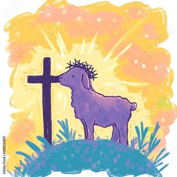 Obraz A cute lamb wearing a crown of thorns, symbolizing Jesus Christ in a tender and meaningful representation of sacrifice and purity.

