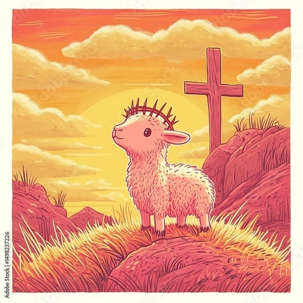 Obraz A cute lamb wearing a crown of thorns, symbolizing Jesus Christ in a tender and meaningful representation of sacrifice and purity.

