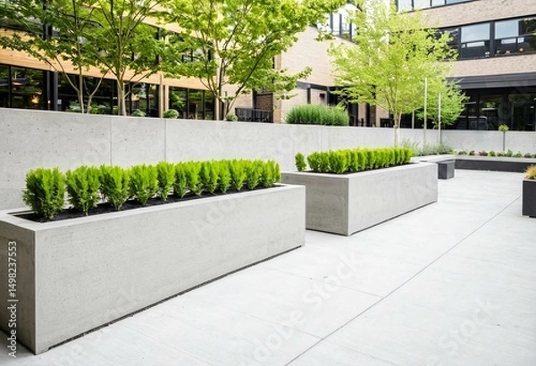 Obraz A modern garden with concrete benches and plants.