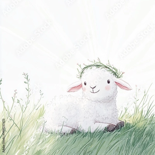 Obraz A cute lamb wearing a crown of thorns, symbolizing Jesus Christ in a tender and meaningful representation of sacrifice and purity.

