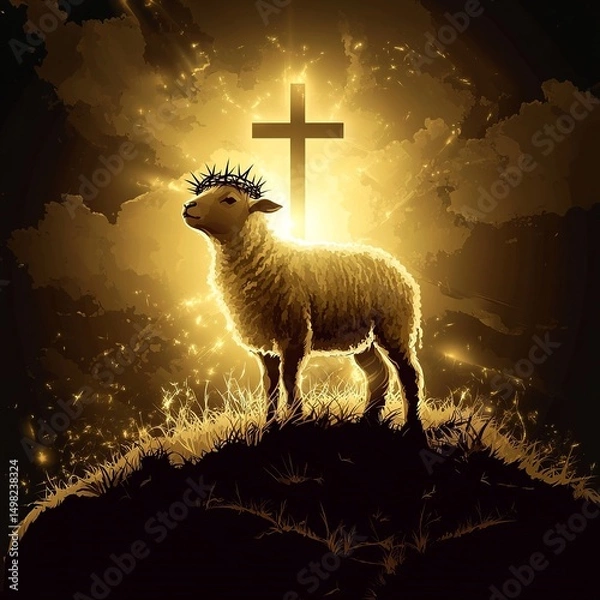 Obraz A cute lamb wearing a crown of thorns, symbolizing Jesus Christ in a tender and meaningful representation of sacrifice and purity.

