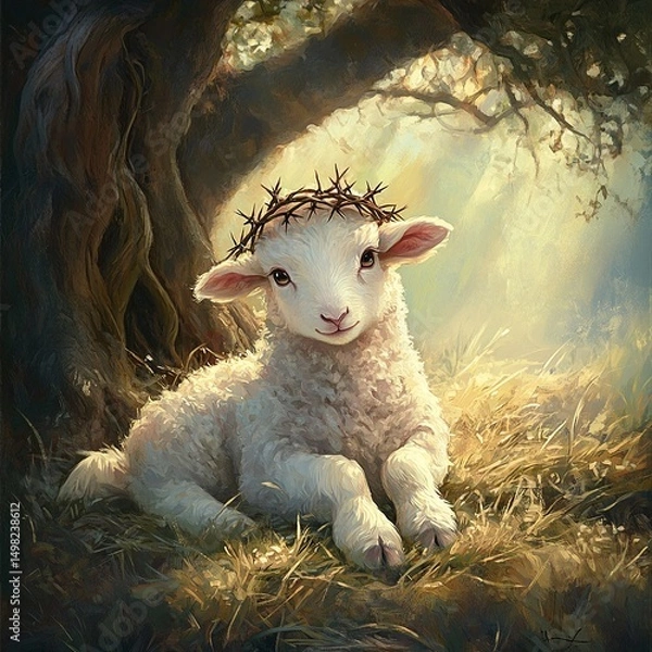 Obraz A cute lamb wearing a crown of thorns, symbolizing Jesus Christ in a tender and meaningful representation of sacrifice and purity.

