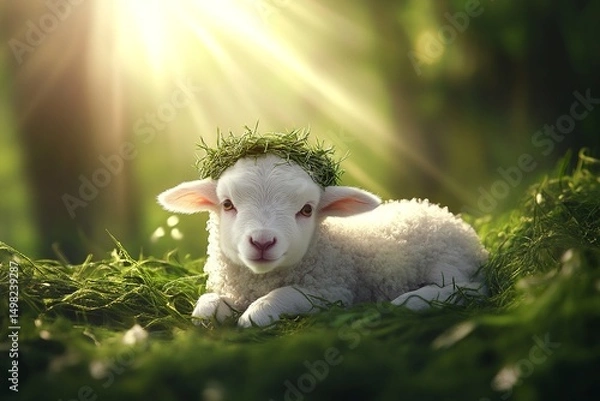 Obraz A cute lamb wearing a crown of thorns, symbolizing Jesus Christ in a tender and meaningful representation of sacrifice and purity.

