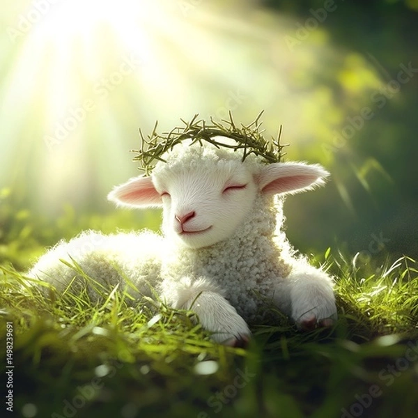 Obraz A cute lamb wearing a crown of thorns, symbolizing Jesus Christ in a tender and meaningful representation of sacrifice and purity.

