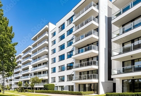 Fototapeta A large apartment building with many windows and balconies.