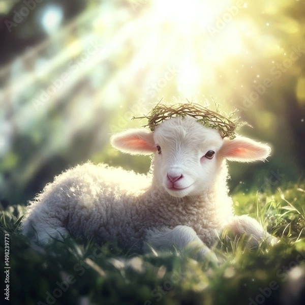Obraz A cute lamb wearing a crown of thorns, symbolizing Jesus Christ in a tender and meaningful representation of sacrifice and purity.

