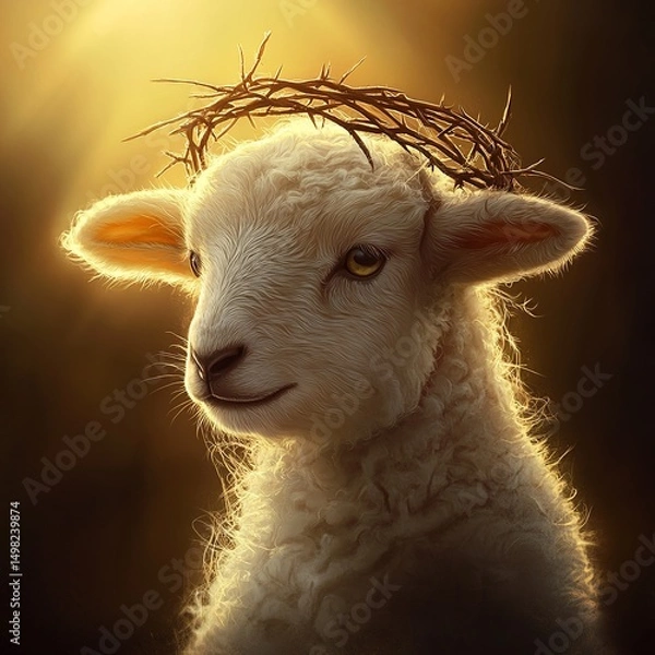 Obraz A cute lamb wearing a crown of thorns, symbolizing Jesus Christ in a tender and meaningful representation of sacrifice and purity.

