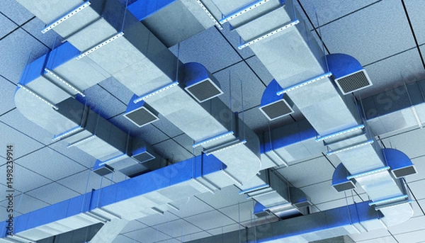 Obraz Modern air ventilation ducts on a suspended ceiling in an industrial or commercial facility, used for HVAC air distribution. HVAC. Construction. Infrastructure.