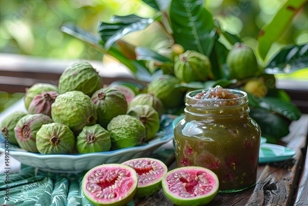 Fototapeta Trendy guava jam bocadillo, bread with confection made from guava pulp