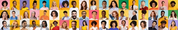 Fototapeta Featuring a vibrant collection of diverse faces, this collage highlights a joyful expression of connection among multiethnic individuals in a bright, isolated background.