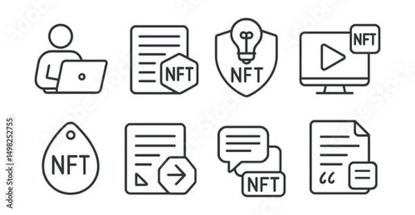 Fototapeta Line style icons of NFT media: reader learning path, educational article token, research highlight badge, tutorial post icon, explainer drop tag, beginner’s article guide, glossary support tag,