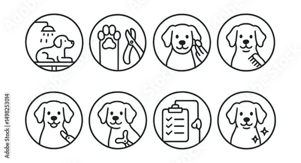 Fototapeta Line style icons of veterinary care (circular): pet grooming at clinic, nail trim badge, ear cleaning icon, fur brushing ring, sanitary trim bubble, hygiene checklist icon, grooming station badge,