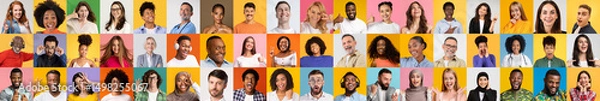 Fototapeta A vibrant collection features a range of faces, highlighting the beauty of diversity. Individuals from various backgrounds express joy and connection against bright, colorful backgrounds.