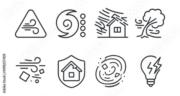 Obraz Line style icons of extreme weather: high wind alert, hurricane category scale, wind destruction icon, tree uprooted by wind, debris in air, roof damage badge, storm debris swirl, power outage icon.