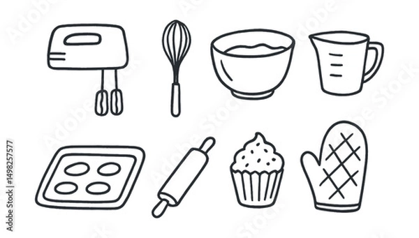 Fototapeta Hand-drawn vector icons of home baking: hand mixer, whisk, dough bowl, measuring cup, baking tray, rolling pin, cupcake, oven mitt.