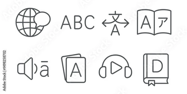 Obraz Line style icons of language learning: globe with speech bubble, ABC letters, translation arrows, dual language book, phonics symbol, flashcard set, audio lesson icon, dictionary.