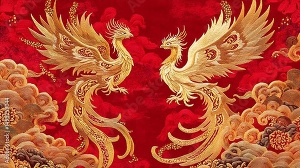Fototapeta Two golden phoenixes facing each other on a rich red background chinese symbol image