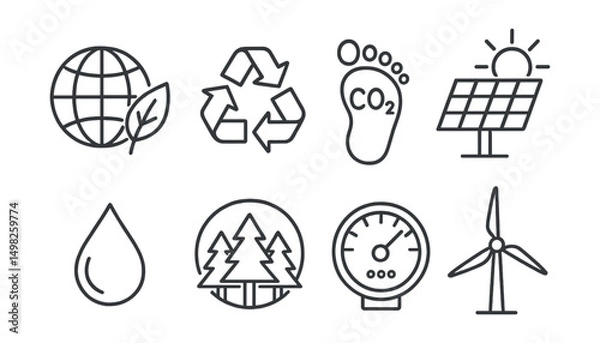 Fototapeta Line style icons of environmental science: globe with leaf, recycling symbol, carbon footprint, solar panel, clean water drop, forest conservation icon, air quality meter, wind turbine.