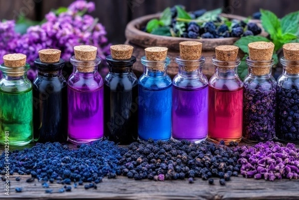 Obraz A glass bottles with essence oils. Generative AI