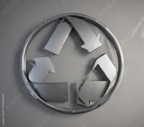 Fototapeta Close-up of a single recycling symbol made of metal ,  reduce,  globe