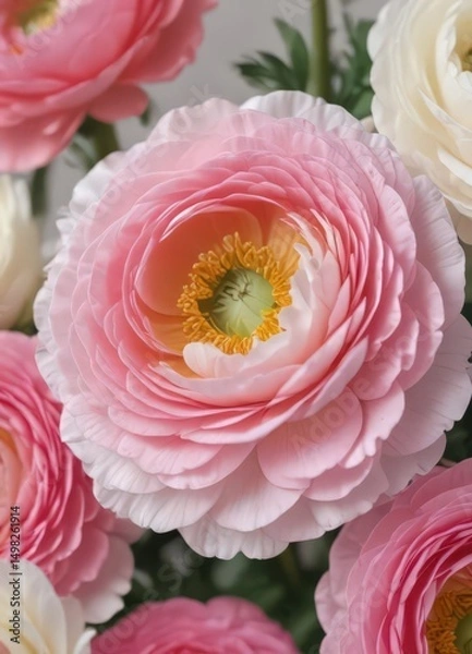 Fototapeta Close-up shot of vibrant ranunculus, showcasing layered petals in soft pink and white , macro, garden