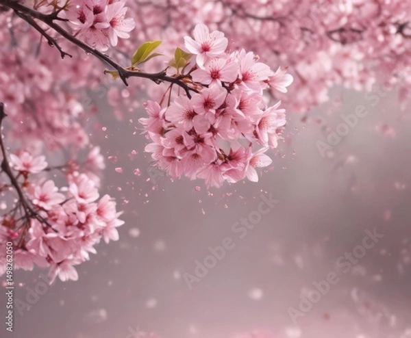 Fototapeta Abstract pink sakura petals gently falling against a softly blurred background of more blossoms ,  soft focus,  falling,  background