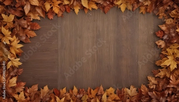 Fototapeta A border of fallen leaves with varying shades and textures against a wood background , graphics, foliage