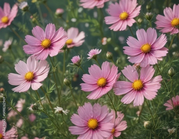 Fototapeta Cosmos flowers swaying gently in a summer breeze, showcasing their intricate details ,  detail,  texture,  flower